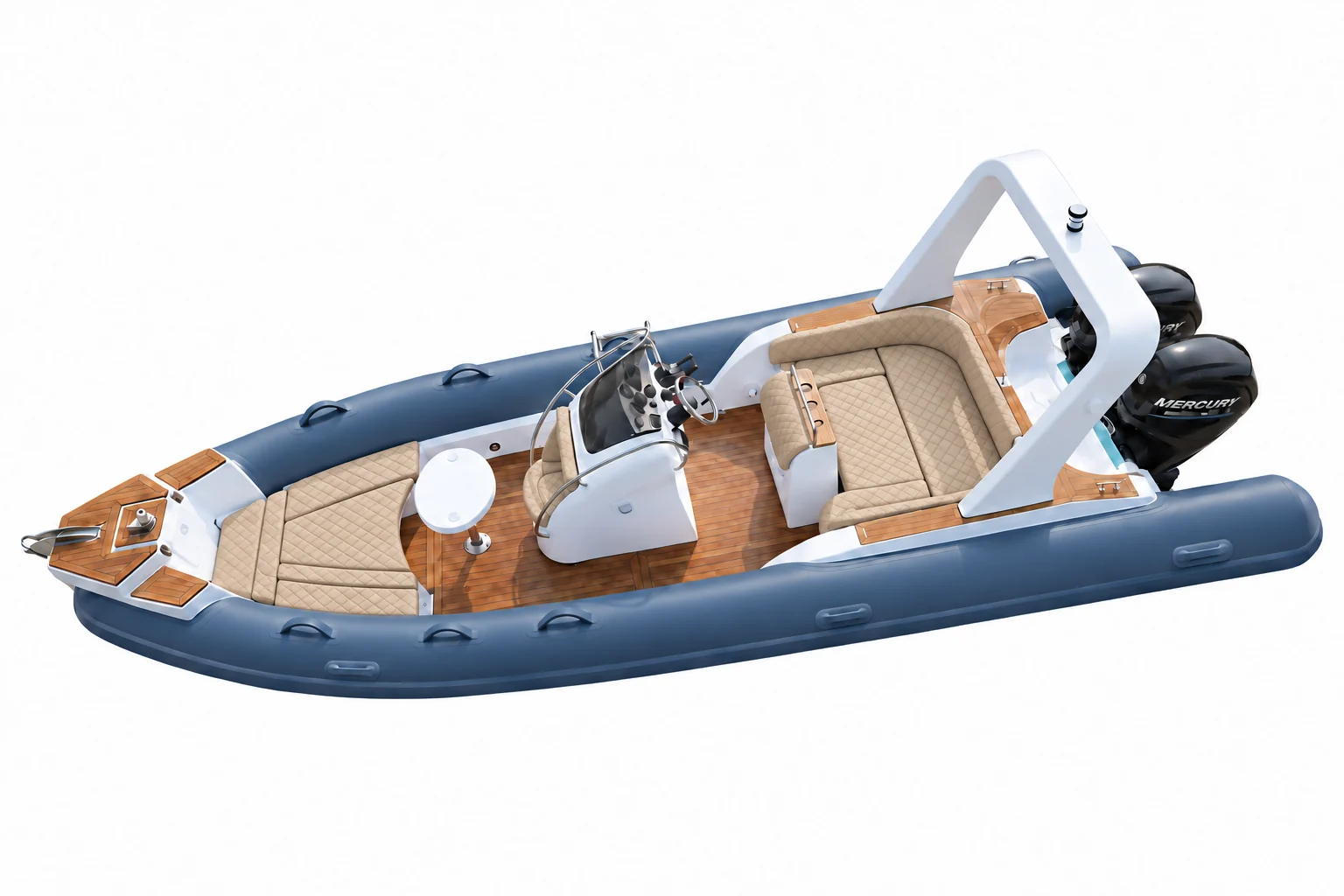 Explorer Sea 7.7 grigio, prua a sinistra, cuscineria beige trapuntata a rombi e maniglie in tinta