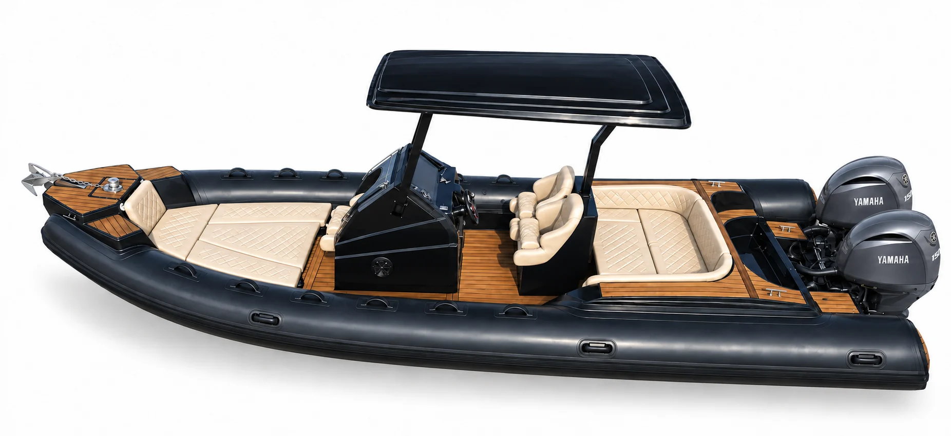 Explorer Sea 7.7 Performance nero, prua a sinistra, T-top senza luci, due Yamaha 150 e ancora con catena